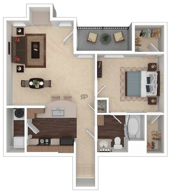 Floor plan for 1 bed, 1 bath, 865 sqft